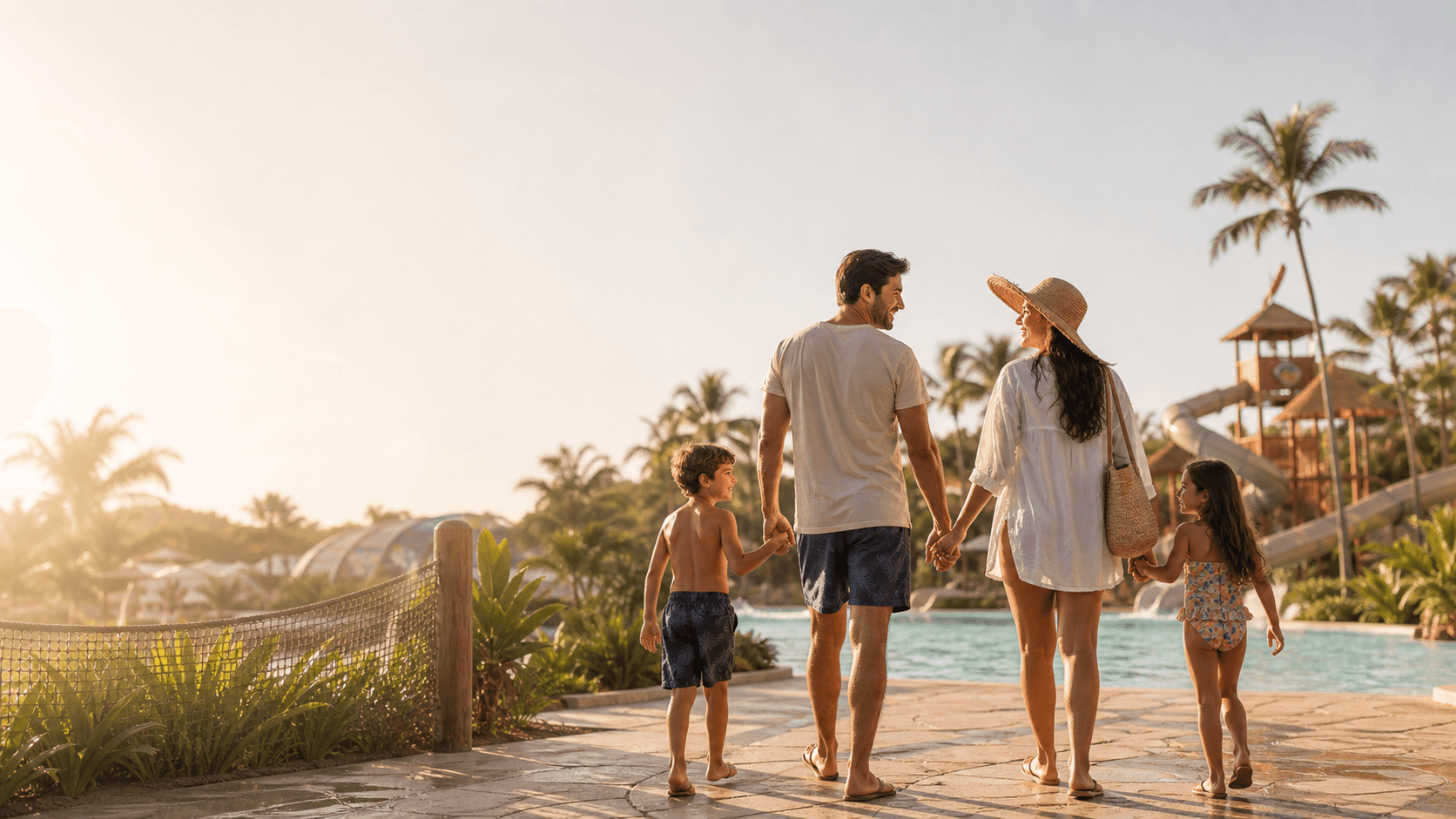 Família caminhando em parque aquático ao entardecer